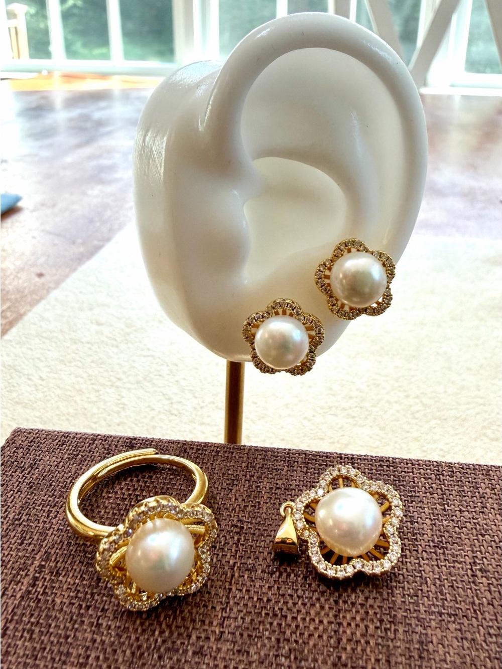 Gold Pearl Flower Earrings and Pendant Set - Classic White Pearls